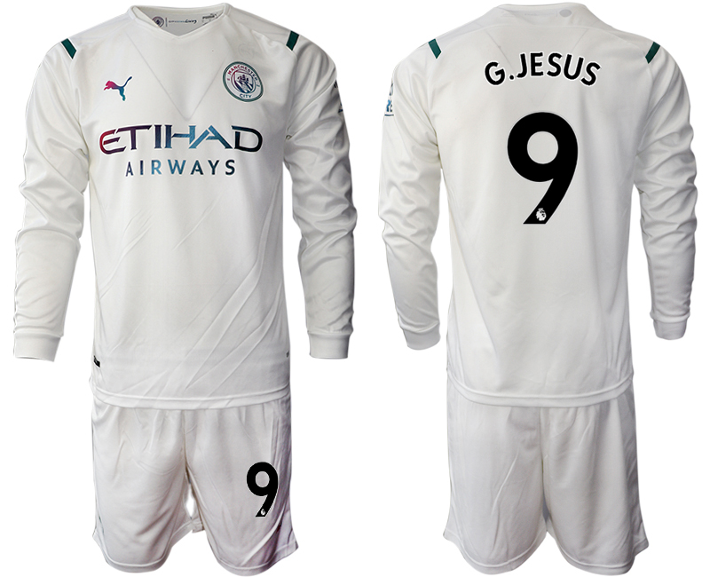 Men 2021-2022 Club Manchester city away white Long Sleeve #9 Soccer Jersey